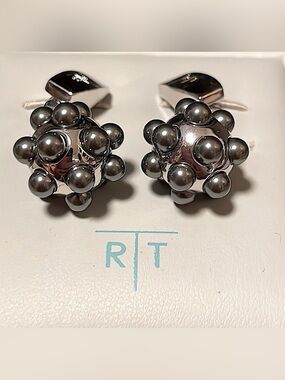 Tateossian Pearl Ball Cufflinks Silver Tone Gray Boxed Designer Luxury Modern